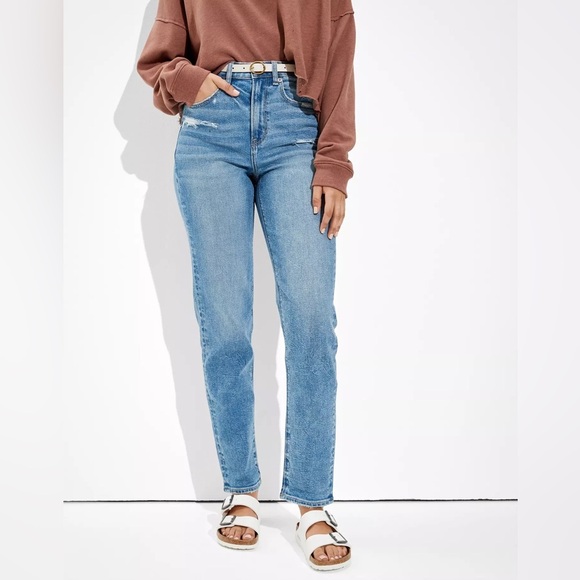 American Eagle Mom Straight Leg Jeans High Rise Distressed Blue - Picture 1 of 13